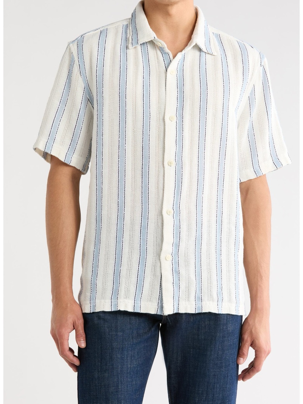 Denim & Flower Men’s Large Relaxed Fit Stripe Short Sleeve Button-Up Shirt
